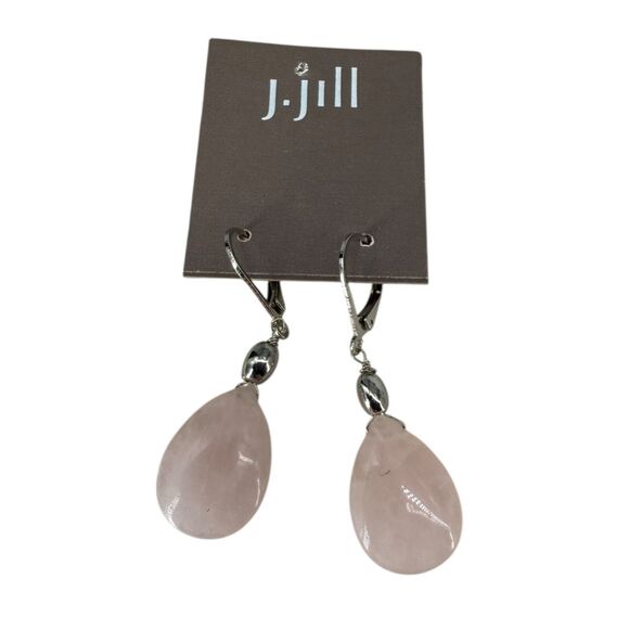 J. Jill Rose Quartz Drop Earrings Sculpted Metal Pink Stone Polished Lever Back - Picture 2 of 4